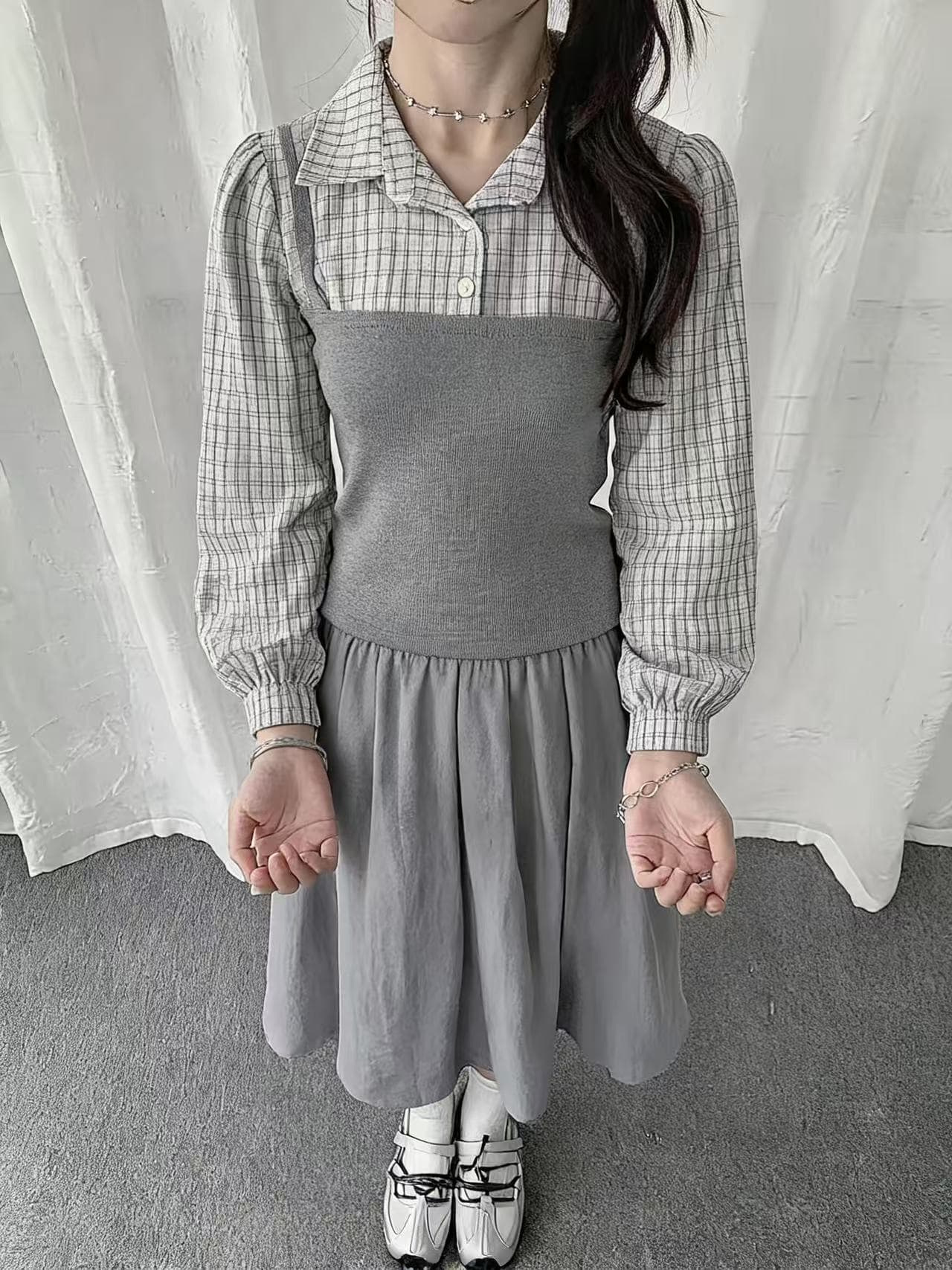 아메리칸 레트로 디자인 센스 페이크 레이어드 폴로 칼라 체크무늬 여성 셔츠 몸매 가꾸기 긴팔 맨위 여성 이미지 3