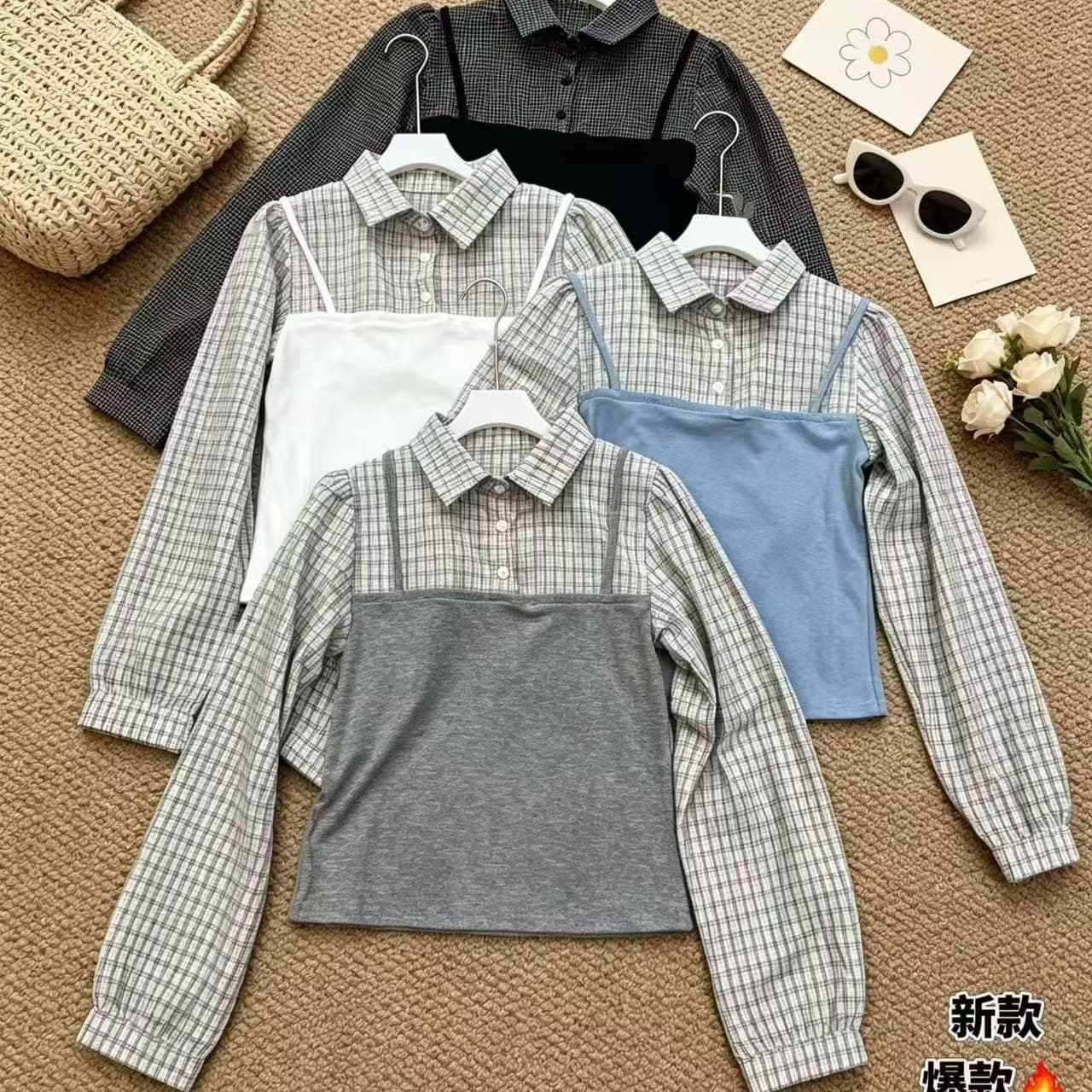 아메리칸 레트로 디자인 센스 페이크 레이어드 폴로 칼라 체크무늬 여성 셔츠 몸매 가꾸기 긴팔 맨위 여성 이미지 5