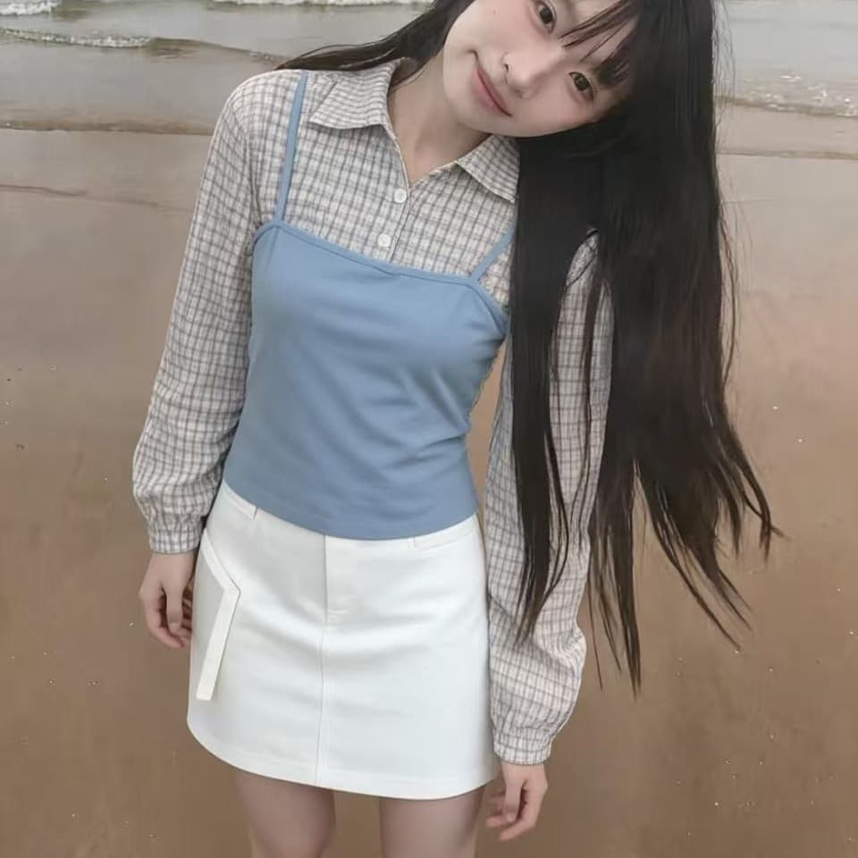 아메리칸 레트로 디자인 센스 페이크 레이어드 폴로 칼라 체크무늬 여성 셔츠 몸매 가꾸기 긴팔 맨위 여성 이미지 2