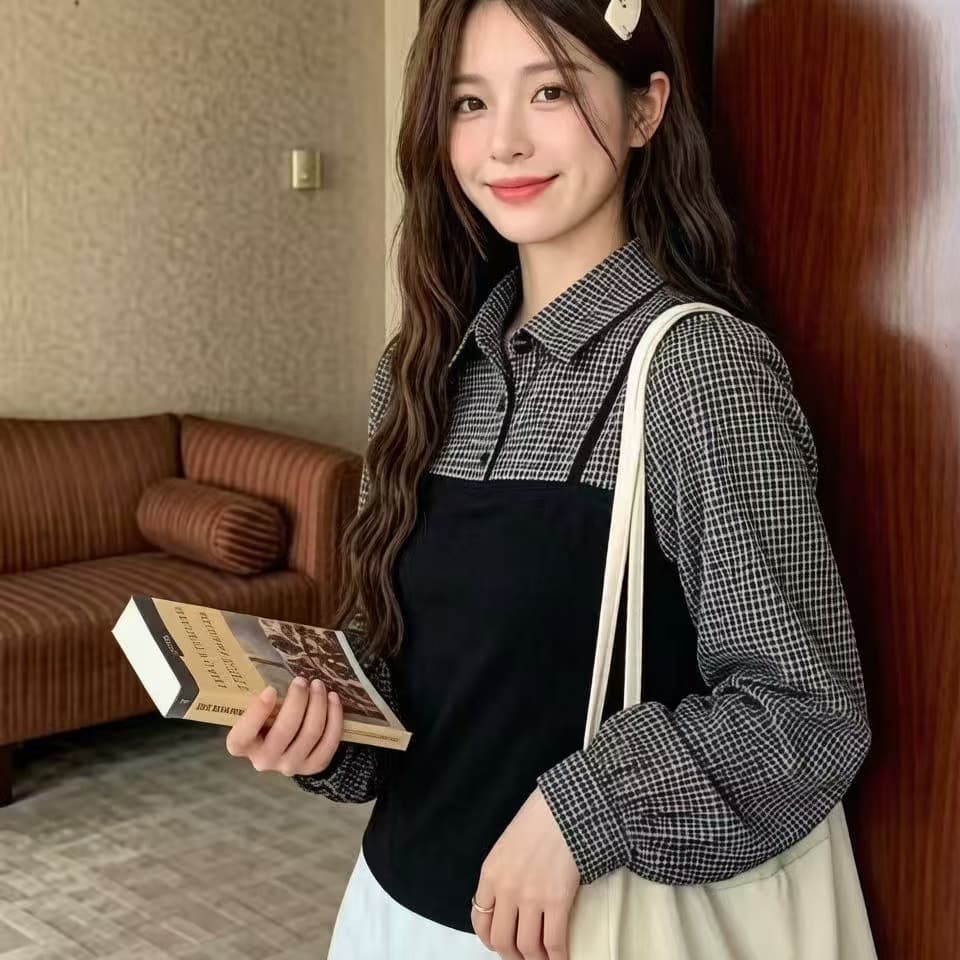 아메리칸 레트로 디자인 센스 페이크 레이어드 폴로 칼라 체크무늬 여성 셔츠 몸매 가꾸기 긴팔 맨위 여성