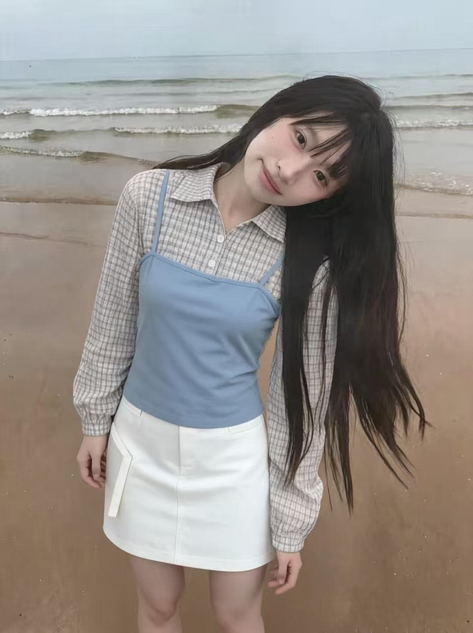 아메리칸 레트로 디자인 센스 페이크 레이어드 폴로 칼라 체크무늬 여성 셔츠 몸매 가꾸기 긴팔 맨위 여성 상세 이미지 2
