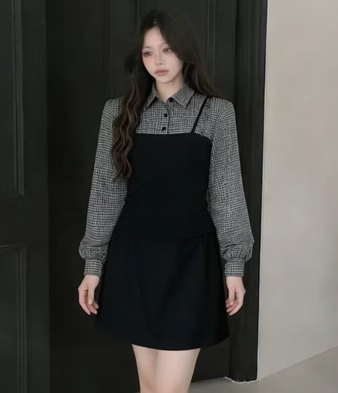 아메리칸 레트로 디자인 센스 페이크 레이어드 폴로 칼라 체크무늬 여성 셔츠 몸매 가꾸기 긴팔 맨위 여성 상세 이미지 4