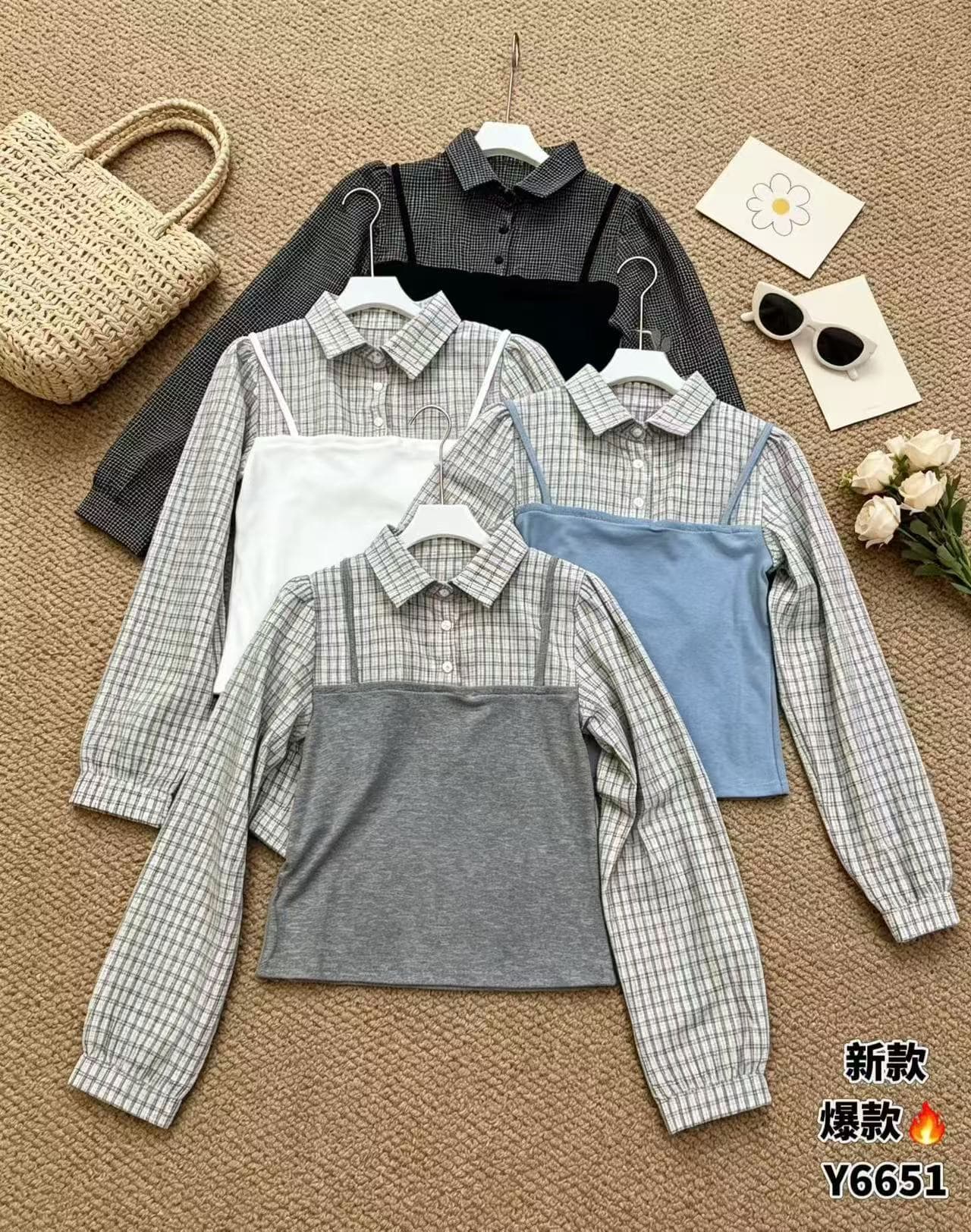 아메리칸 레트로 디자인 센스 페이크 레이어드 폴로 칼라 체크무늬 여성 셔츠 몸매 가꾸기 긴팔 맨위 여성 상세 이미지 7