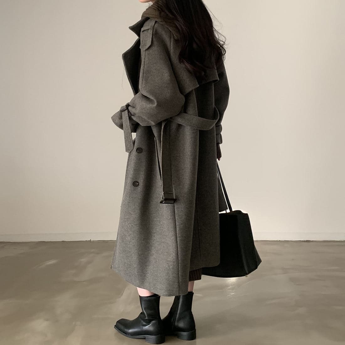 한국 chic 레트로 정장 칼라 이중 버튼 레이스업 모직 여성 코트 겨울 두꺼운 중간 길이 모직 코트 상세 이미지 7