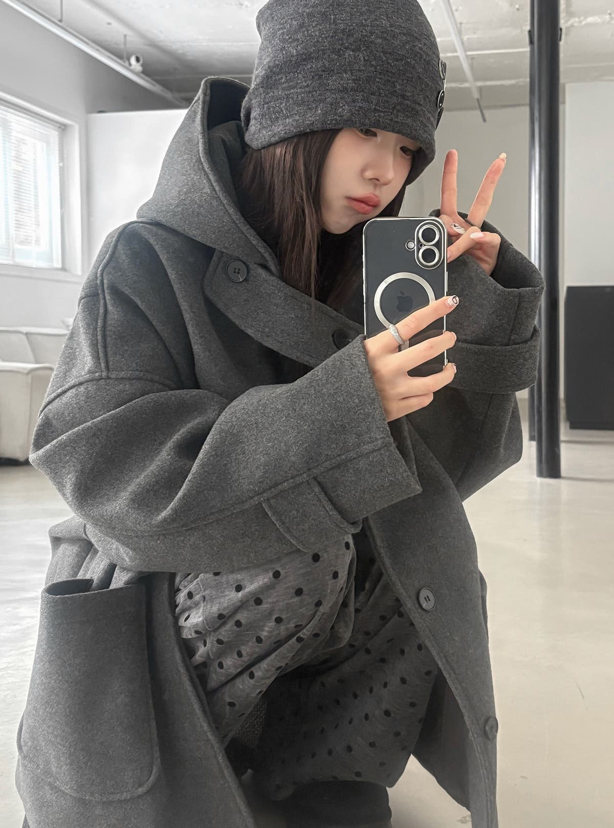 한 부서 분위기 센스 모직 코트 여성 프랑스식 패션 다용도 싱글 줄 버튼 디자인 센스 느긋한 후드 모직 외투 이미지 2