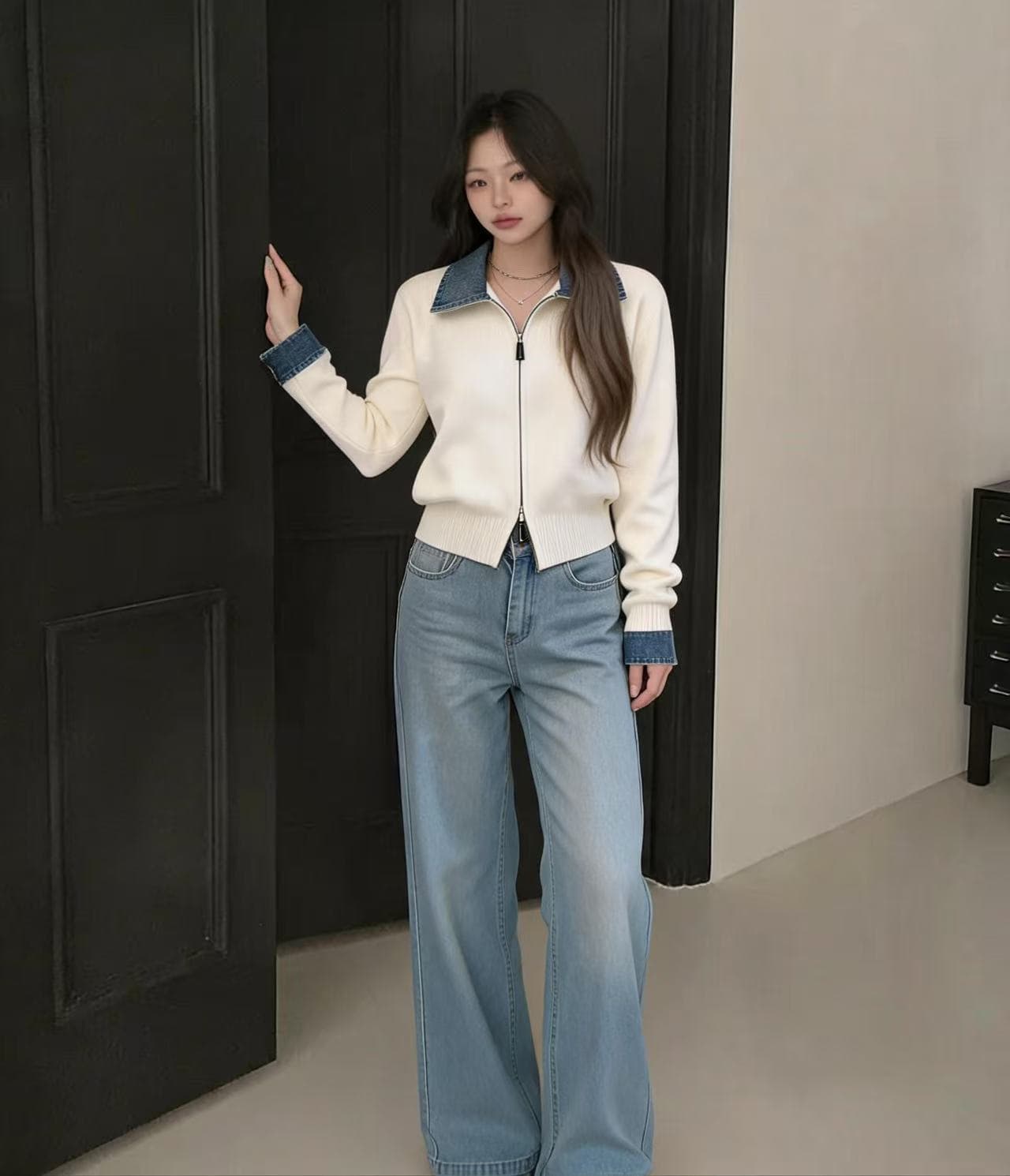 26 가을 한국 새로운 더블 지퍼 데님 패치워크 폴로 칼라 스웨터 니트 신축성 슬림해 보이는 패션 열기 셔츠 재킷 상세 이미지 18