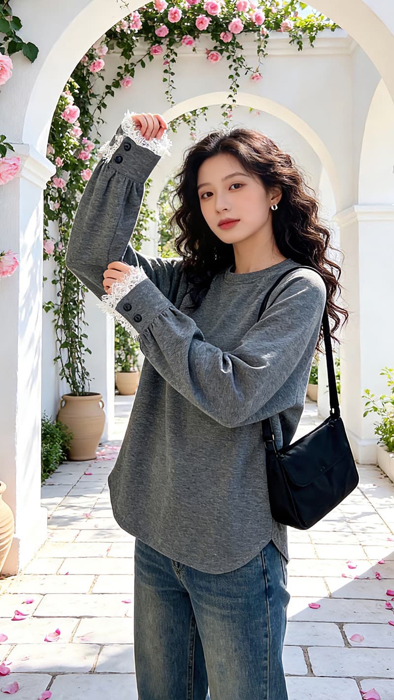 실사 느긋한 바람 고급 센스 셔츠 소매 패치워크 레이스 티셔츠 여성 2026 년 봄 루즈핏 삽입 어깨 소매 기본 셔츠 상세 이미지 8
