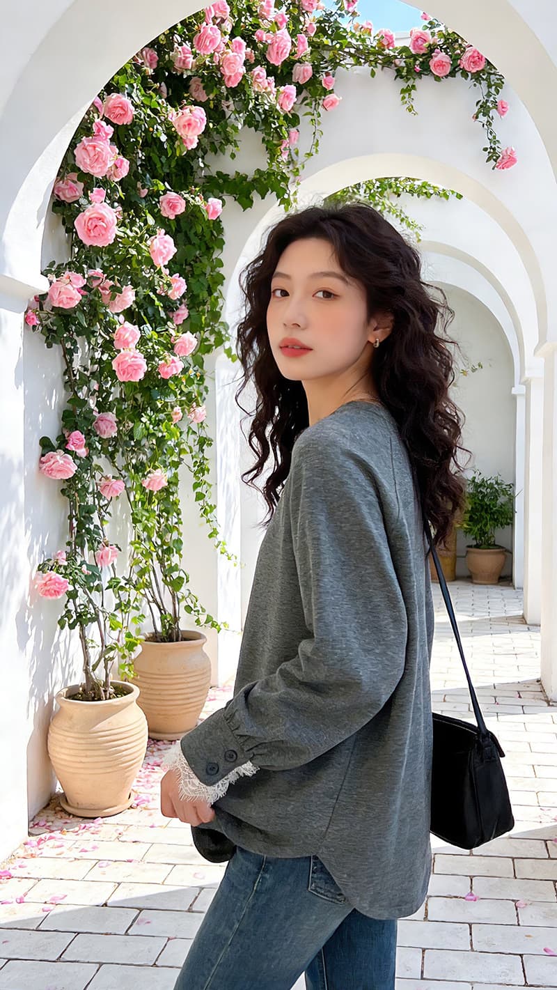 실사 느긋한 바람 고급 센스 셔츠 소매 패치워크 레이스 티셔츠 여성 2026 년 봄 루즈핏 삽입 어깨 소매 기본 셔츠 상세 이미지 10