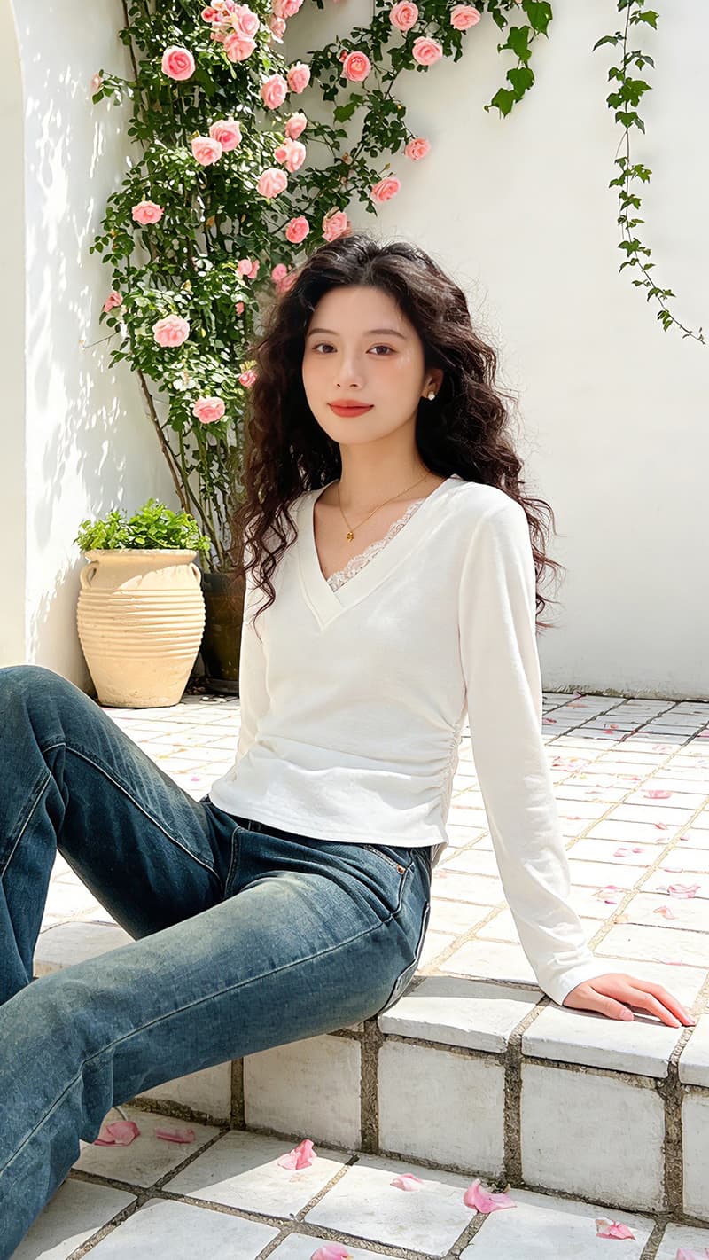 실사 레이스 조각 V넥 긴팔 몸매 가꾸기 티셔츠 여성 2026 봄 여름 새로운 허리 수축 디자인 품격 긍정적 인 어깨 의류 상세 이미지 3