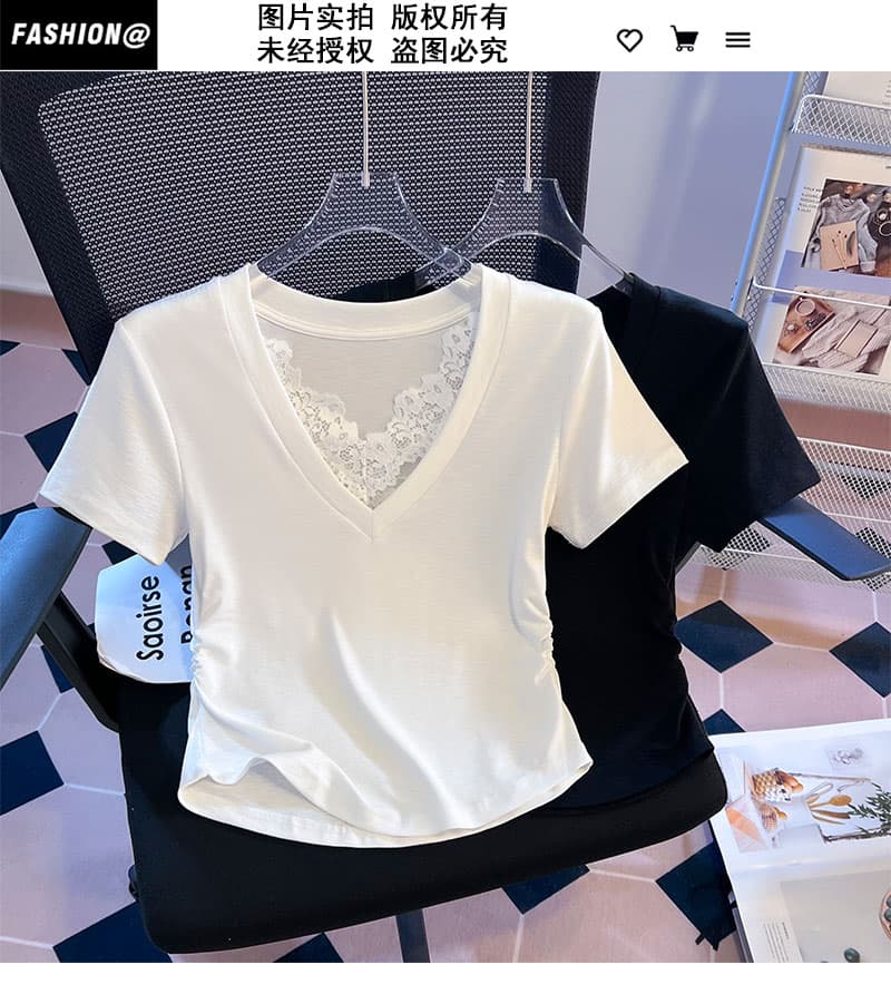 실사 디자인 센스 레이스 조각 V넥 반팔 티셔츠 여성 여름 2026 새로운 허리 수축 슬림해 보이는 쇼트 스타일 작은 맨위 상세 이미지 1