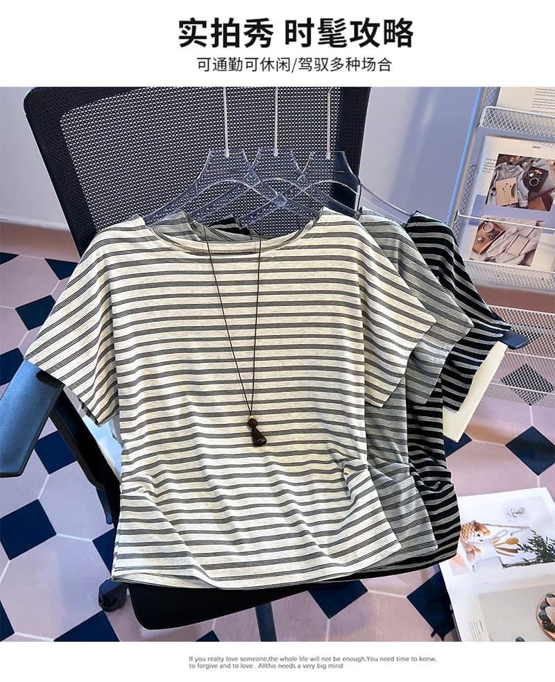 실사 측면 허리 핀치 Pleat 스트라이프 티셔츠 여성 2026 여름 새로운 루즈핏 슬림해 보이는 허리 수축 디자인 센스 반팔 맨위 상세 이미지 7