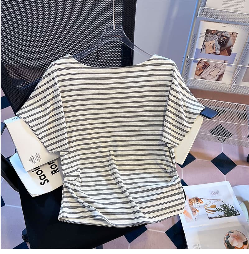 실사 측면 허리 핀치 Pleat 스트라이프 티셔츠 여성 2026 여름 새로운 루즈핏 슬림해 보이는 허리 수축 디자인 센스 반팔 맨위 상세 이미지 13