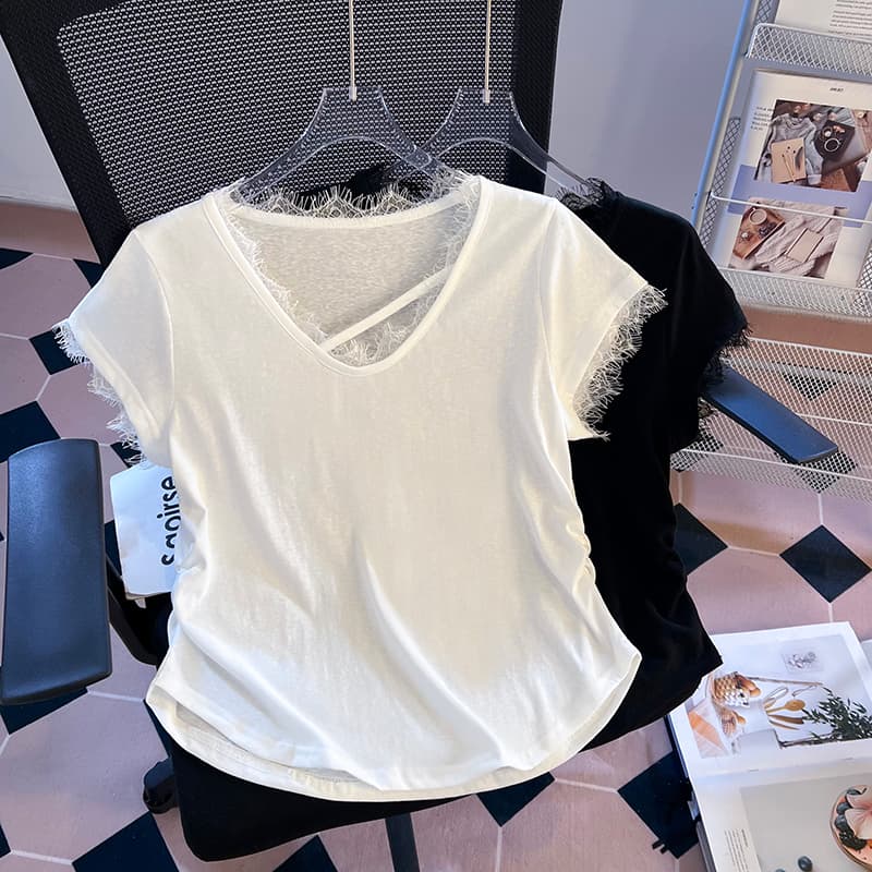 실사 한 부서 디자인 센스 레이스 레이스 V넥 반팔 티셔츠 작은 셔츠 핀치 Pleat 허리 수축 캐주얼 여성 의류 맨위 여름