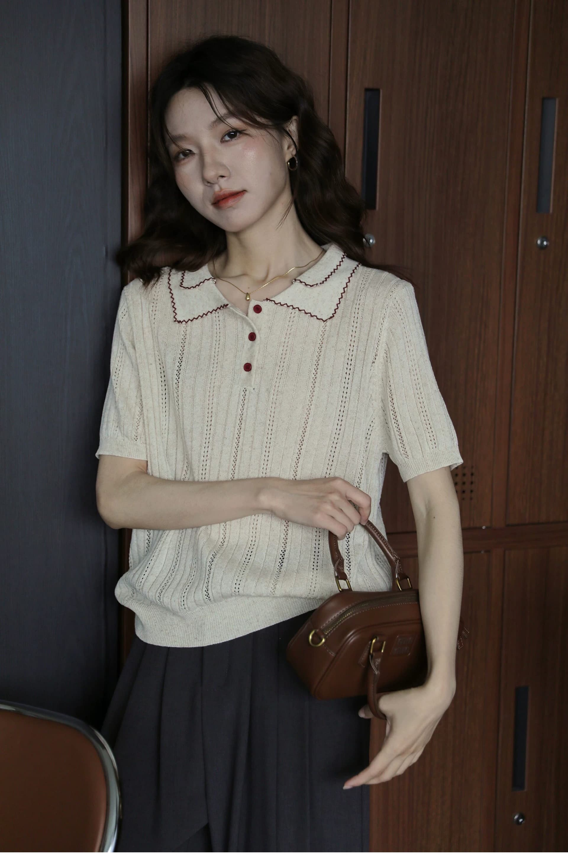 경관 그림 레트로 스타일 폴로 칼라 반팔 니트 스웨터 여성 회색 스트라이프 여름 프로 피부 통기성 홀로우 아웃 맨위 서비스 상세 이미지 1