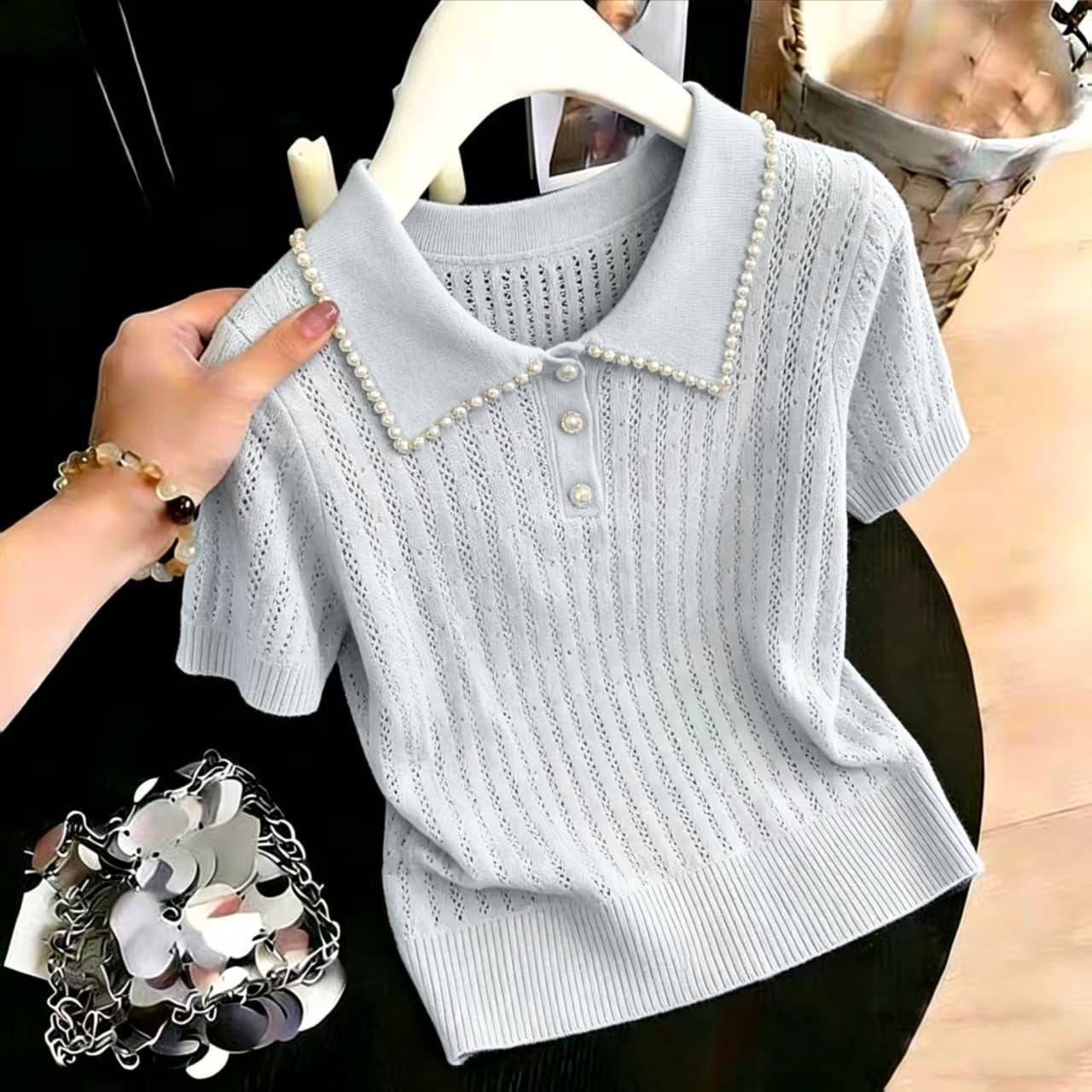 프랑스식 무거운 작업 다이아몬드 세팅 폴로 칼라 니트 스웨터 여성 여름 섹션 홀로우 아웃 디자인 센스 반팔 POLO 셔츠 슈퍼 잘 생긴 맨위