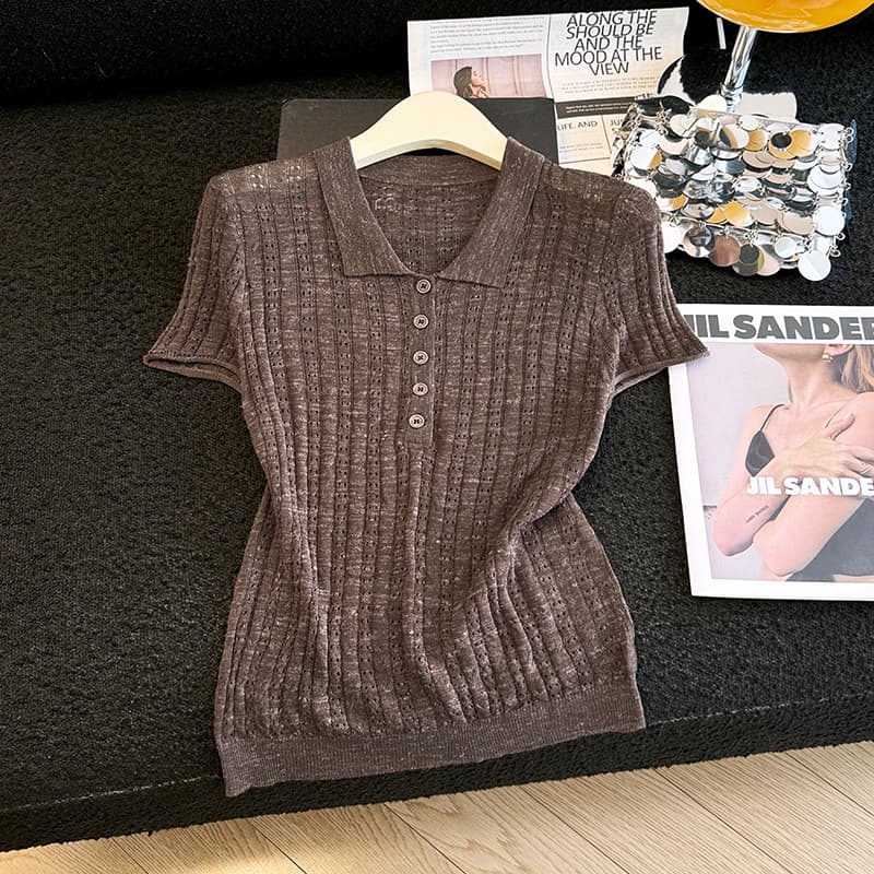 실사 여름 새로운 프랑스식 품격 POLO 칼라 니트 반팔 여성 여름 폴로 칼라 단추 맨위 미니멀리즘 다용도 이미지 4