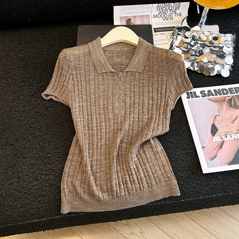 실사 여름 새로운 프랑스식 품격 POLO 칼라 니트 반팔 여성 여름 폴로 칼라 단추 맨위 미니멀리즘 다용도 이미지 2