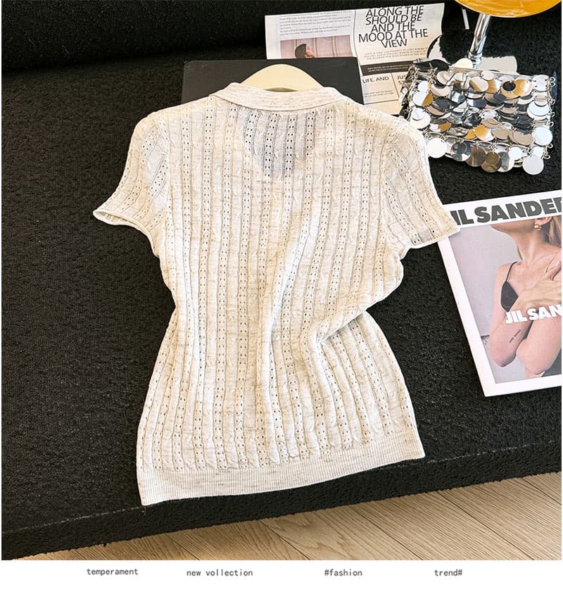 실사 여름 새로운 프랑스식 품격 POLO 칼라 니트 반팔 여성 여름 폴로 칼라 단추 맨위 미니멀리즘 다용도 상세 이미지 13