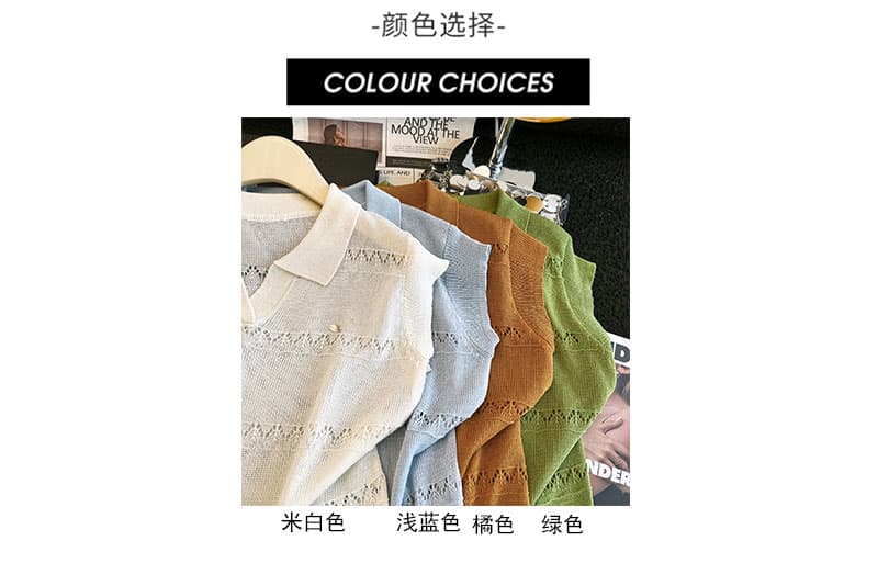실사 캐주얼 폴로 칼라 홀로우 아웃 작은 날다 소매 짠 셔츠 다용도 품격 영감 POLO 칼라 작은 키 맨위 상세 이미지 3