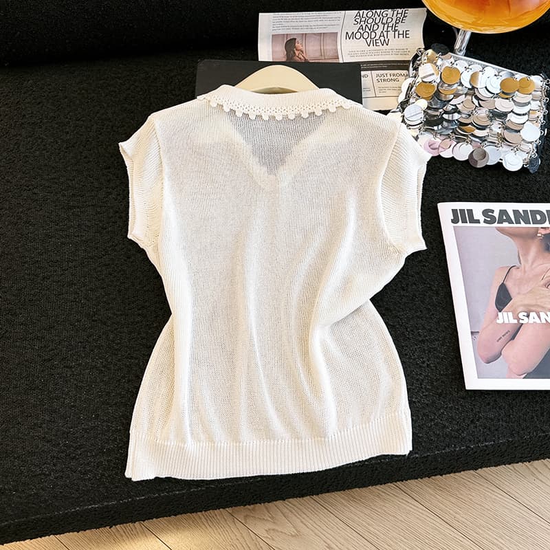 실사 캐주얼 바람 polo 폴로 칼라 반팔 티셔츠 여성 얇은 스타일 니트 스웨터 얇고 가벼운 통기성 맨위 캐주얼 미니멀리즘 티셔츠 이미지 4