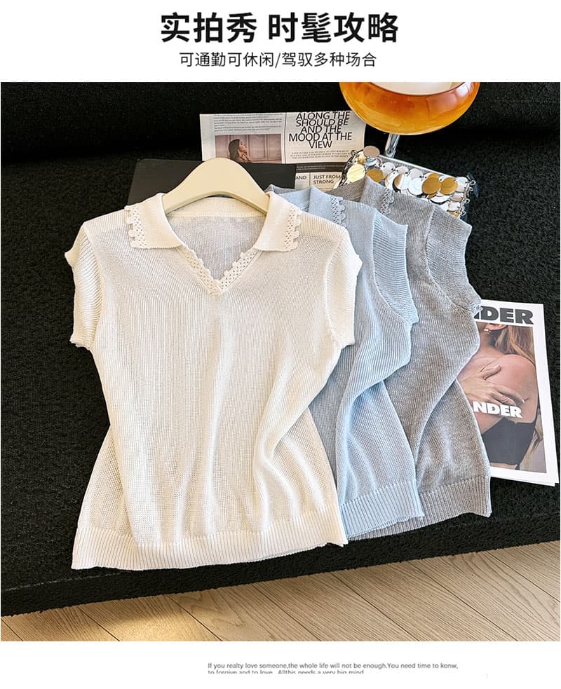 실사 캐주얼 바람 polo 폴로 칼라 반팔 티셔츠 여성 얇은 스타일 니트 스웨터 얇고 가벼운 통기성 맨위 캐주얼 미니멀리즘 티셔츠 상세 이미지 9