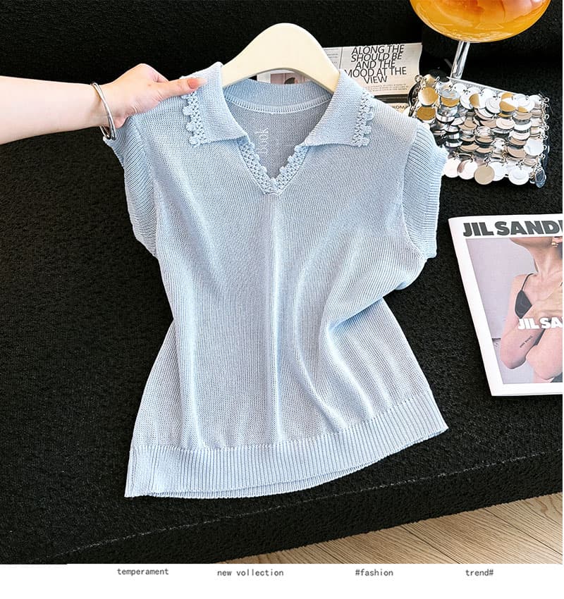 실사 캐주얼 바람 polo 폴로 칼라 반팔 티셔츠 여성 얇은 스타일 니트 스웨터 얇고 가벼운 통기성 맨위 캐주얼 미니멀리즘 티셔츠 상세 이미지 20