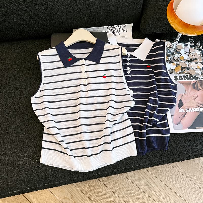 실사 2026 여름 새로운 POLO 칼라 스트라이프 루즈핏 니트 기본 셔츠 민소매 티셔츠 조끼 맨위 여성 트렌디