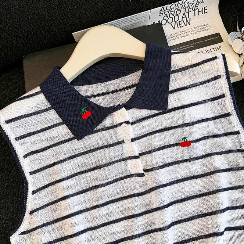 실사 2026 여름 새로운 POLO 칼라 스트라이프 루즈핏 니트 기본 셔츠 민소매 티셔츠 조끼 맨위 여성 트렌디 이미지 4