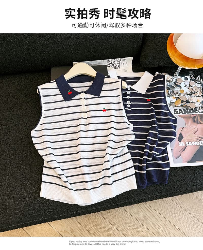 실사 2026 여름 새로운 POLO 칼라 스트라이프 루즈핏 니트 기본 셔츠 민소매 티셔츠 조끼 맨위 여성 트렌디 상세 이미지 7