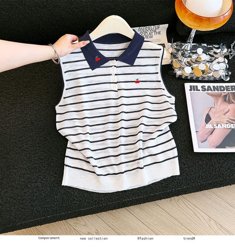 실사 2026 여름 새로운 POLO 칼라 스트라이프 루즈핏 니트 기본 셔츠 민소매 티셔츠 조끼 맨위 여성 트렌디 상세 이미지 9
