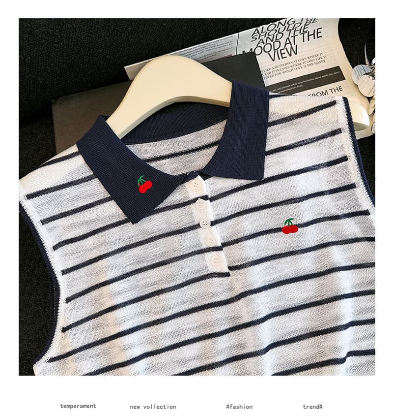실사 2026 여름 새로운 POLO 칼라 스트라이프 루즈핏 니트 기본 셔츠 민소매 티셔츠 조끼 맨위 여성 트렌디 상세 이미지 11