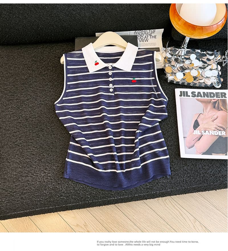 실사 2026 여름 새로운 POLO 칼라 스트라이프 루즈핏 니트 기본 셔츠 민소매 티셔츠 조끼 맨위 여성 트렌디 상세 이미지 16