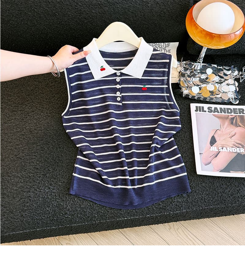 실사 2026 여름 새로운 POLO 칼라 스트라이프 루즈핏 니트 기본 셔츠 민소매 티셔츠 조끼 맨위 여성 트렌디 상세 이미지 17