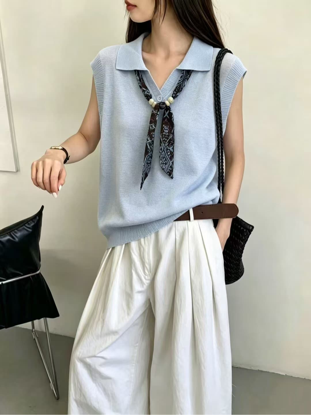 경관 그림 POLO 칼라 스카프 레이스업 니트 스웨터 여름 얇은 스타일 통기성 반팔 어깨 부드러운 바람 다용도 맨위 상세 이미지 5