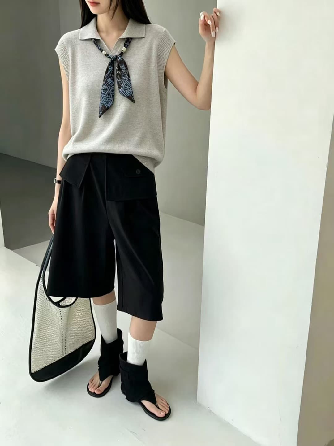 경관 그림 POLO 칼라 스카프 레이스업 니트 스웨터 여름 얇은 스타일 통기성 반팔 어깨 부드러운 바람 다용도 맨위 상세 이미지 7