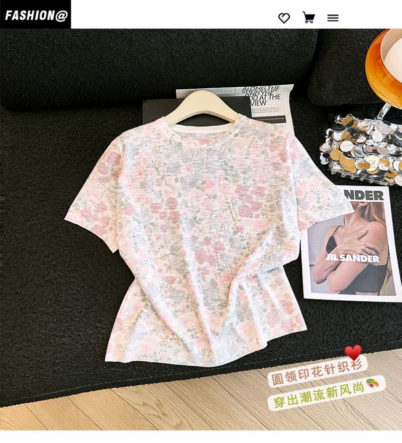실사 프랑스식 레트로 꽃무늬 라운드 넥 반팔 티셔츠 여성 여름 새로운 부드러운 연령 감소 다용도 니트 맨위 상세 이미지 1