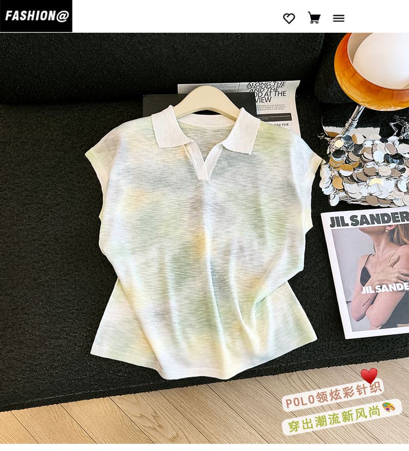 실사 그라데이션 POLO 칼라 민소매 니트 스웨터 여성 여름 얇은 스타일 얼음 실크 작은 날다 소매 조끼 슬림해 보이는 폴로 칼라 맨위 상세 이미지 1