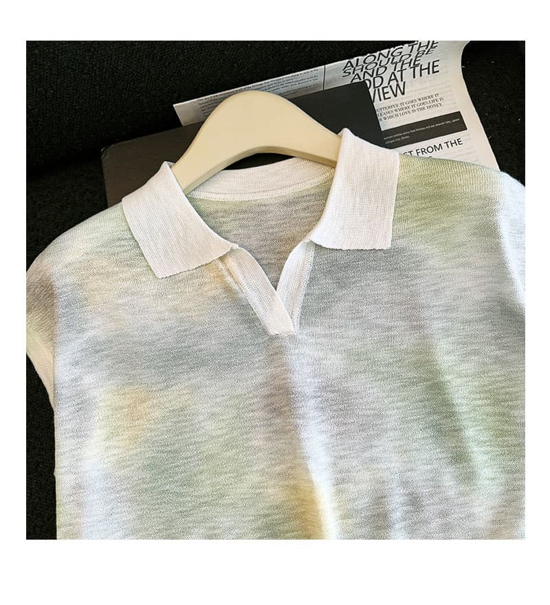 실사 그라데이션 POLO 칼라 민소매 니트 스웨터 여성 여름 얇은 스타일 얼음 실크 작은 날다 소매 조끼 슬림해 보이는 폴로 칼라 맨위 상세 이미지 9