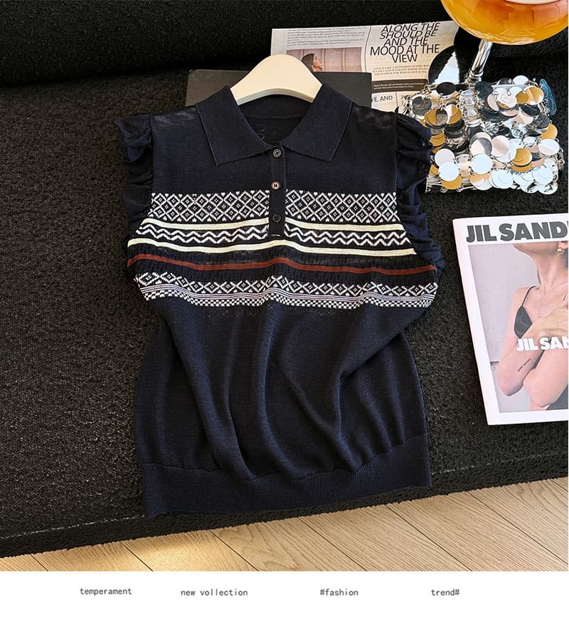 실사 폴로 칼라 자카드 레트로 목이버섯 작은 날다 소매 짠 셔츠 여성 한국 스타일 외국 가스 여름 새로운 풀오버 맨위 트렌디 상세 이미지 25