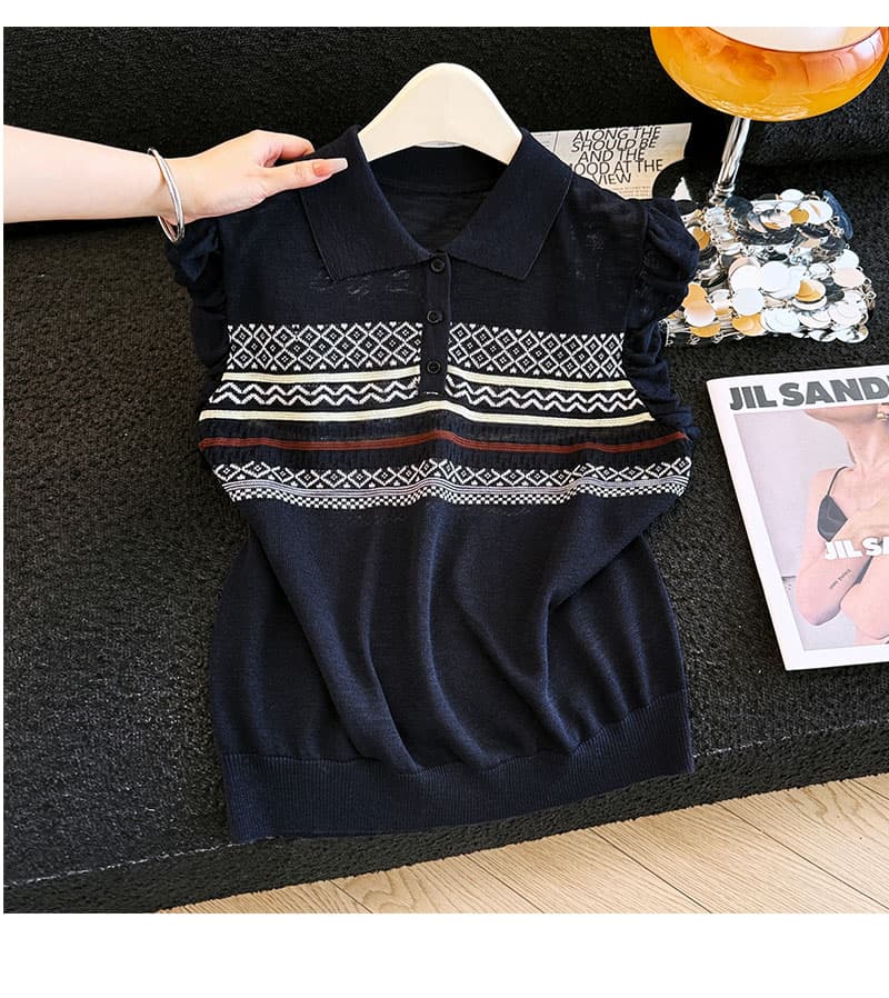 실사 폴로 칼라 자카드 레트로 목이버섯 작은 날다 소매 짠 셔츠 여성 한국 스타일 외국 가스 여름 새로운 풀오버 맨위 트렌디 상세 이미지 26