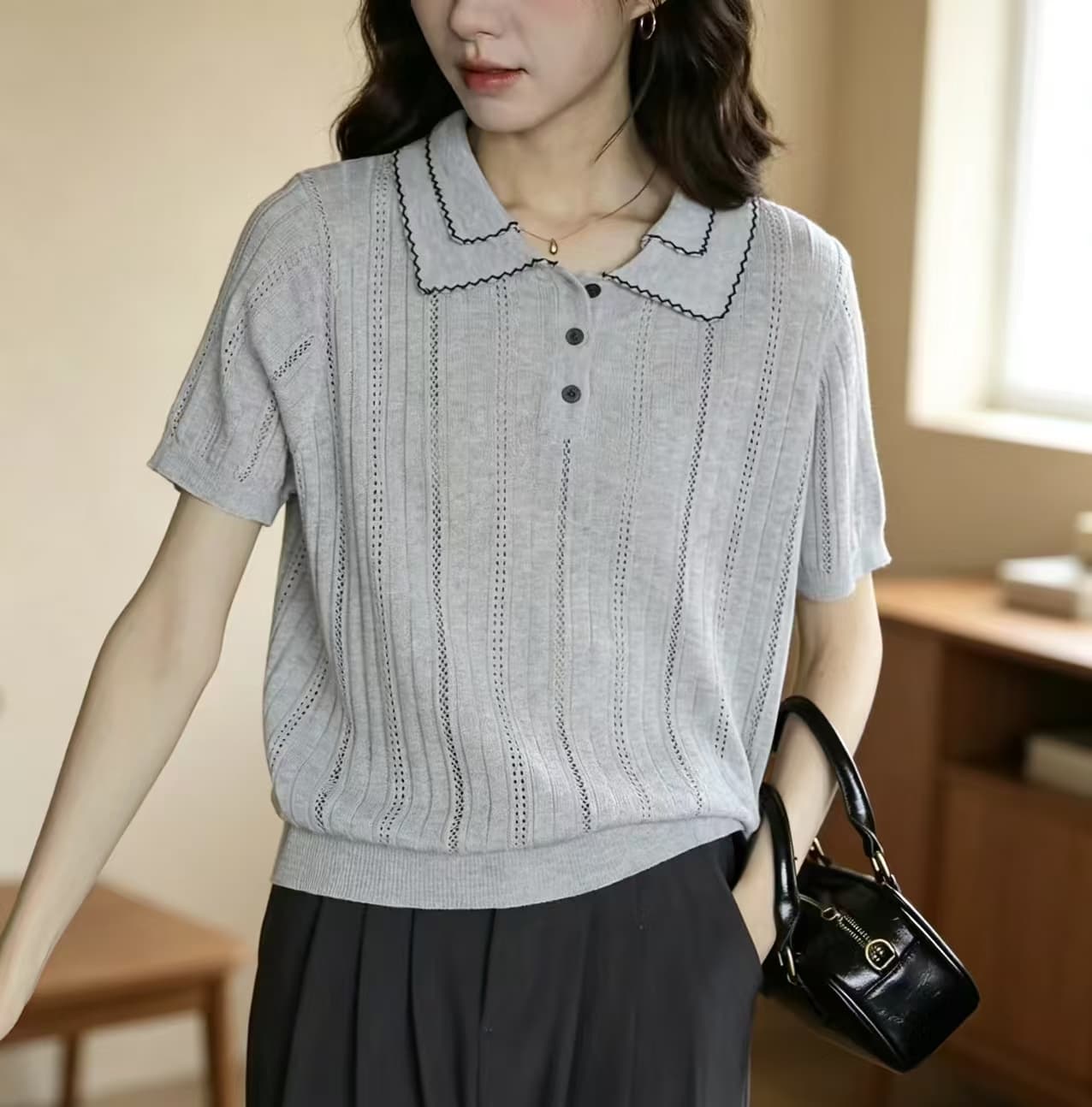 경관 그림 레트로 스타일 폴로 칼라 반팔 니트 스웨터 여성 다용도 슬림해 보이는 여름 프로 피부 통기성 홀로우 아웃 맨위 상세 이미지 5