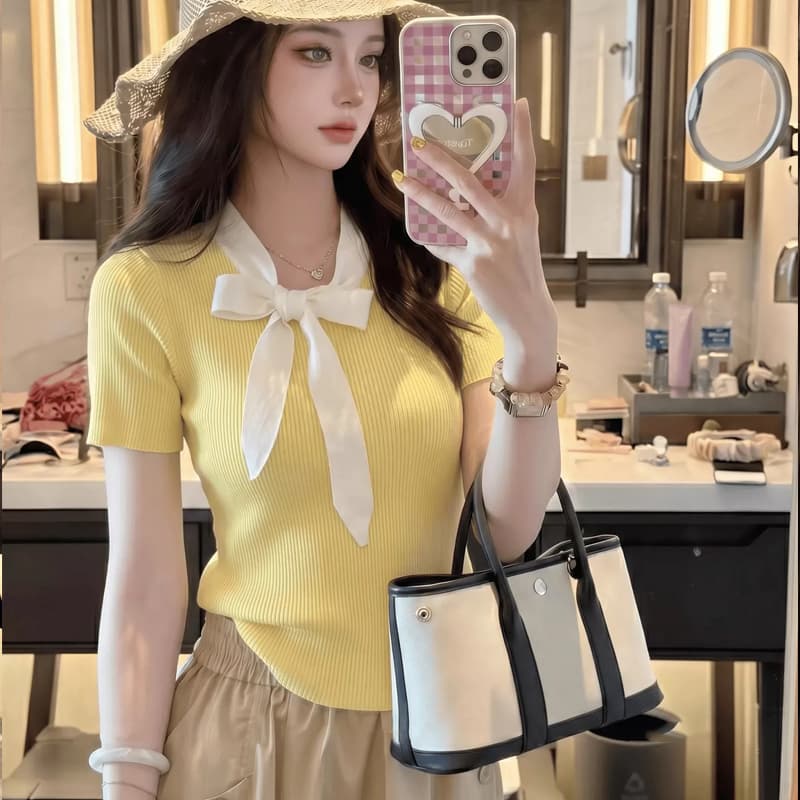 달콤함 명문 여성 바람 황색 나비 매듭 리본 니트 스웨터 여성 여름 폴로 칼라 레이스업 몸매 가꾸기 슬림해 보이는 반팔 맨위 상세 이미지 1