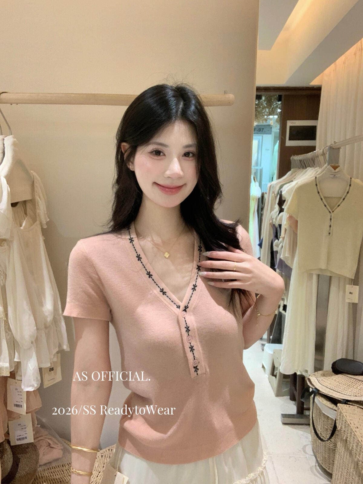 한 부서 chic 핑크색 긍정적 인 어깨 니트 반팔 티셔츠 여성 여름 프랑스식 아름다운 디자인 센스 작은 대중 얼음 실크 맨위 상세 이미지 3