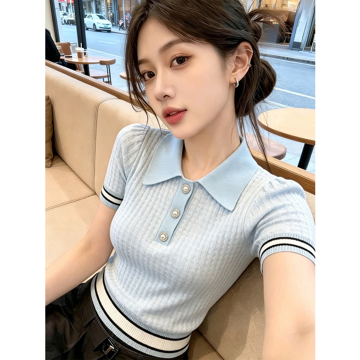 한 부서 POLO 칼라 배색 단추 반팔 니트 스웨터 여성 2026 여름 새로운 몸매 가꾸기 슬림해 보이는 외국 가스 짧은 맨위 상세 이미지 5