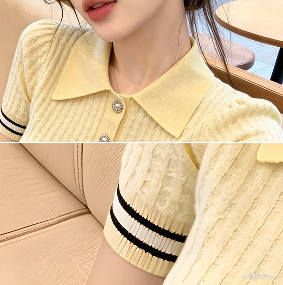 한 부서 POLO 칼라 배색 단추 반팔 니트 스웨터 여성 2026 여름 새로운 몸매 가꾸기 슬림해 보이는 외국 가스 짧은 맨위 상세 이미지 6