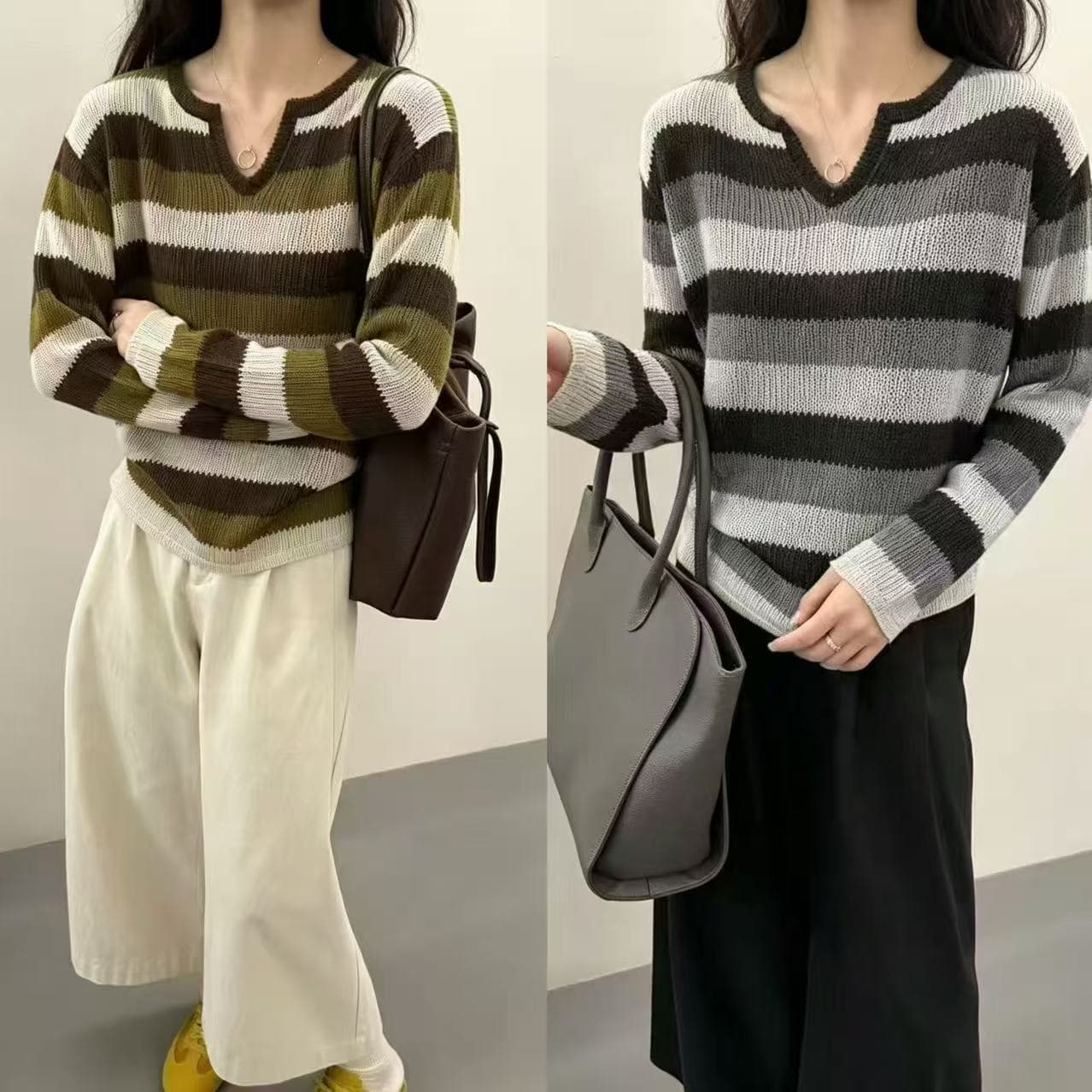 경관 그림 프랑스식 배색 스트라이프 니트 스웨터 여성 한 부서 루즈핏 캐주얼 스웨터 이미지 3