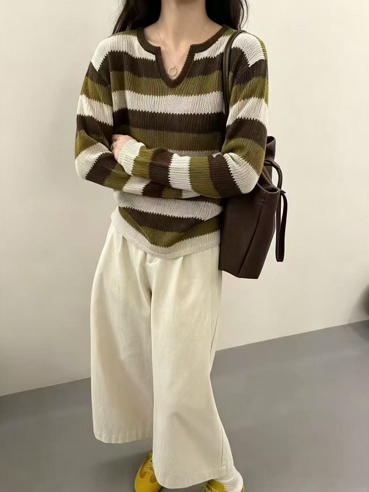 경관 그림 프랑스식 배색 스트라이프 니트 스웨터 여성 한 부서 루즈핏 캐주얼 스웨터 상세 이미지 1