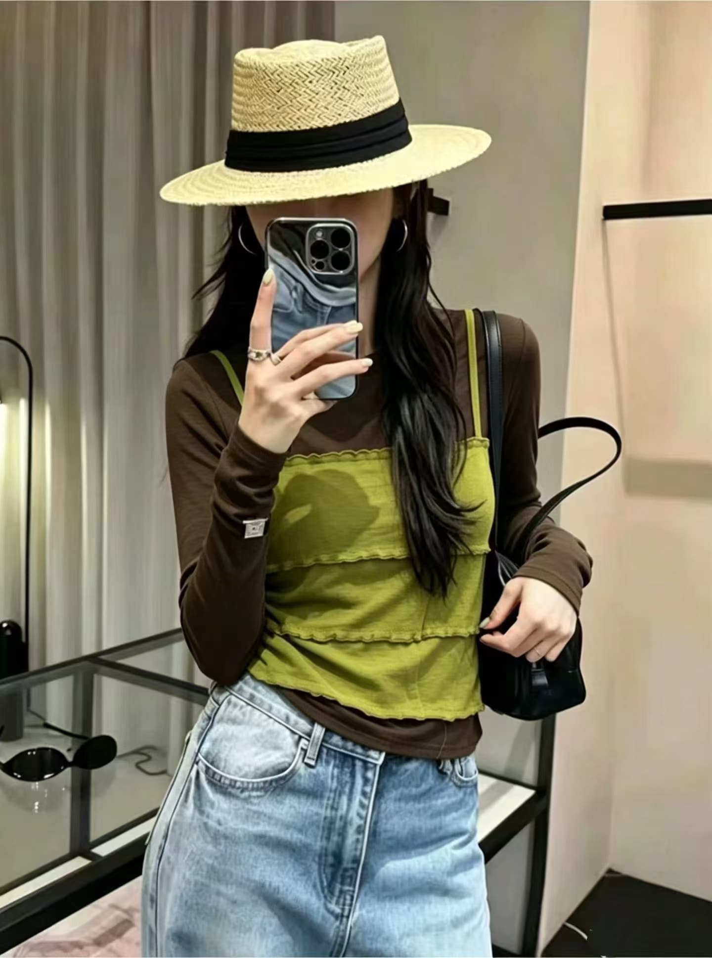 경관 그림 한 부서 프릴 슬립 페이크 레이어드 여성 이른 가을 스택 착용 긴팔 기본 셔츠 몸매 가꾸기 슬림해 보이는 이미지 4