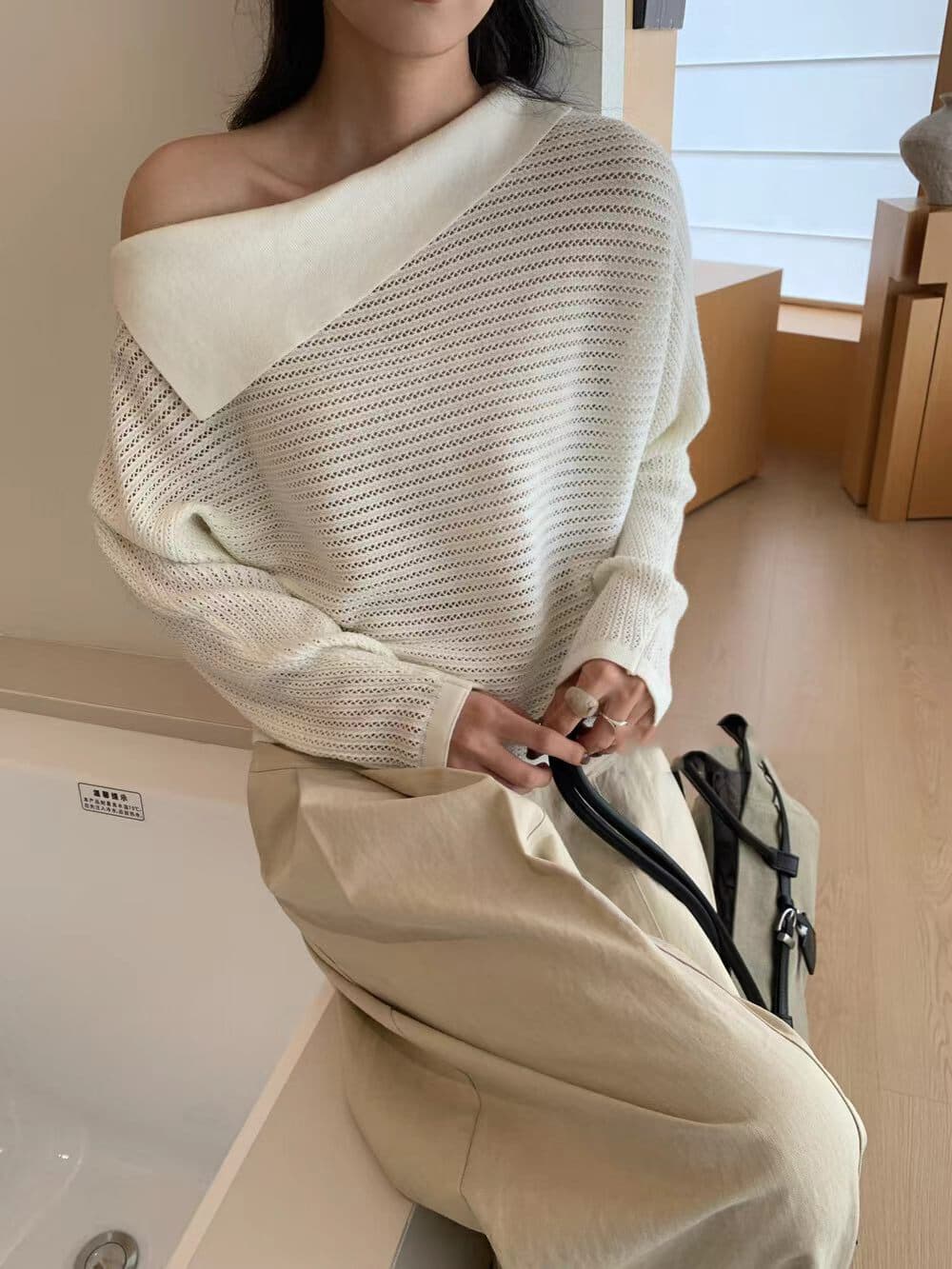가을 비스듬한 칼라 폴로 칼라 이슬 어깨 표지 고기 선택 구멍 비스듬한 어깨 박쥐 모직물 홀로우 아웃 니트 스웨터 맨위 상세 이미지 15