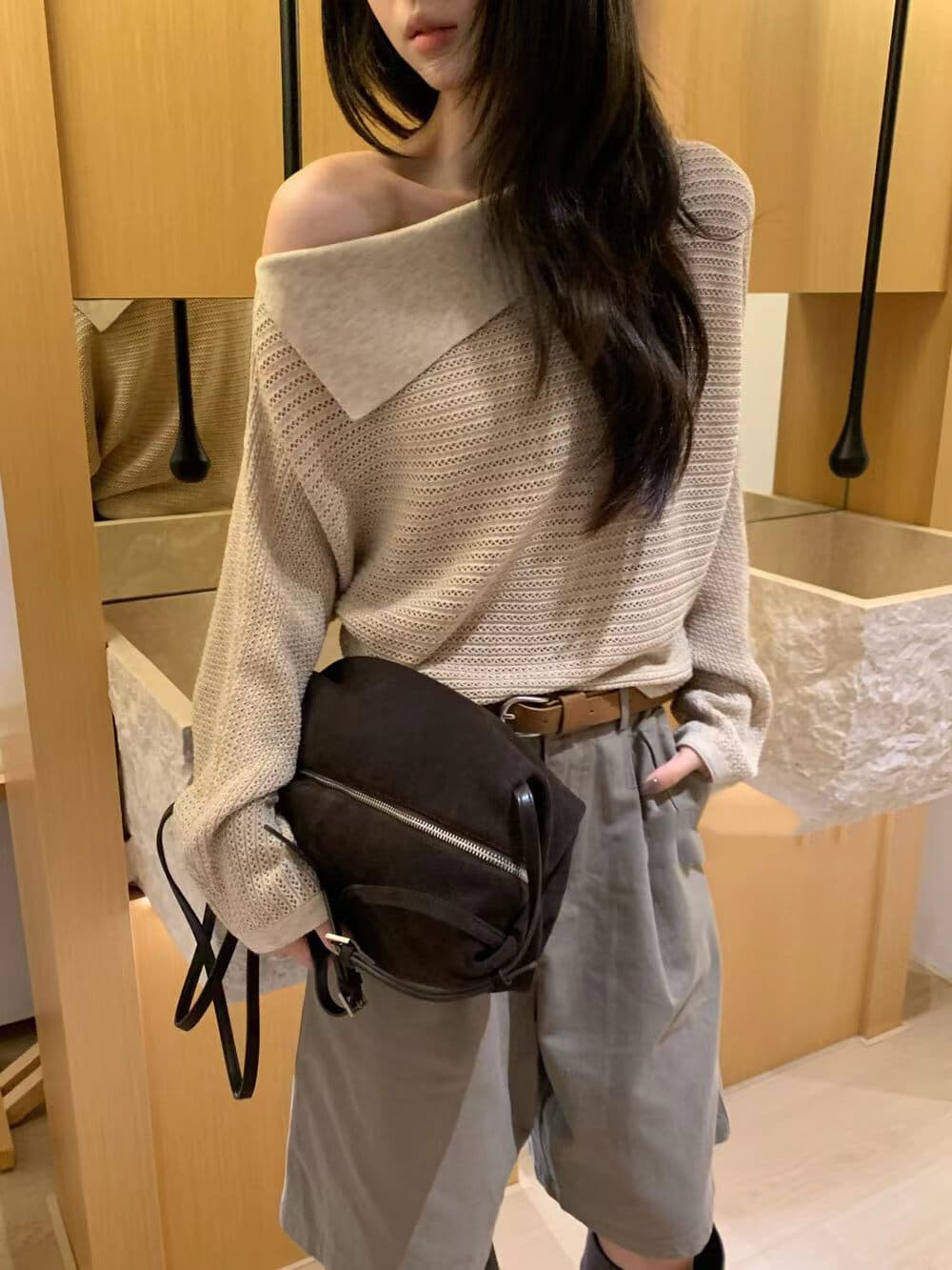 가을 비스듬한 칼라 폴로 칼라 이슬 어깨 표지 고기 선택 구멍 비스듬한 어깨 박쥐 모직물 홀로우 아웃 니트 스웨터 맨위 상세 이미지 16